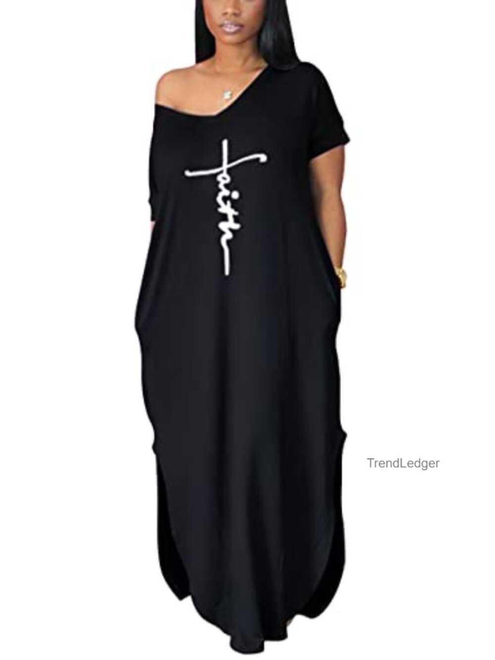 Women's Flowy Maxi Dress with Pockets V-Neck Side Split Solid